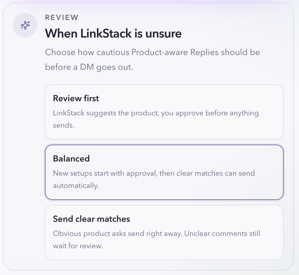 Product-aware reply confidence settings with Review first, Balanced, and Send clear matches modes