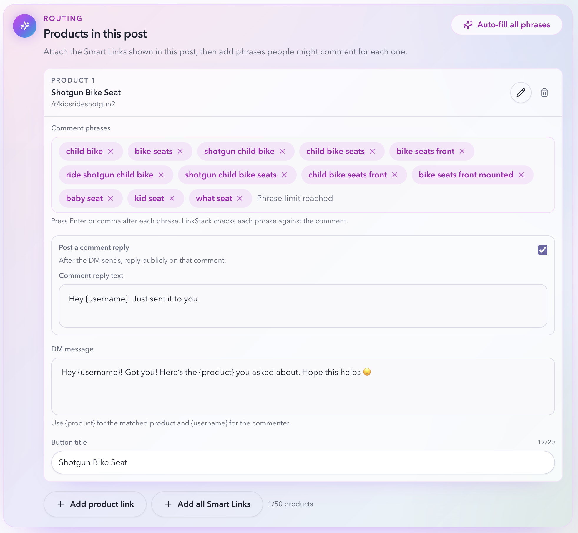 Product-aware reply setup showing a Shotgun Bike Seat with comment phrases, DM text, and public reply settings